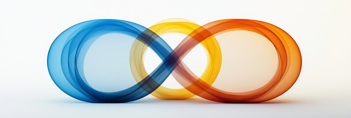 Three transparent circles, colored blue, yellow, and orange, are interconnected in the form of a Venn diagram. The circles overlap to create a seamless loop, symbolizing unity, connection, and the inf