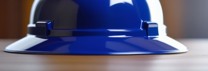 Blue hard hat on wooden table reflects industrial safety and construction