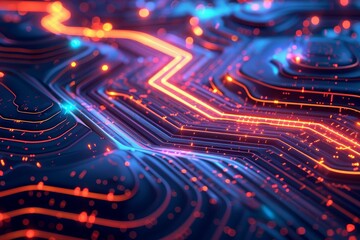 Fototapeta premium A vibrant abstract representation of a circuit board with glowing lines and data points, showcasing modern technology and innovation.
