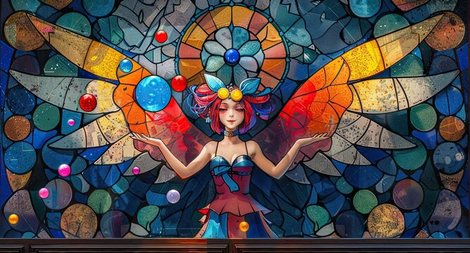 A woman is depicted in a stained glass window, surrounded by colorful orbs