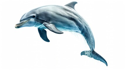 Obraz premium A dolphin leaps out of the water with its tail fin extended, isolated on a white background.