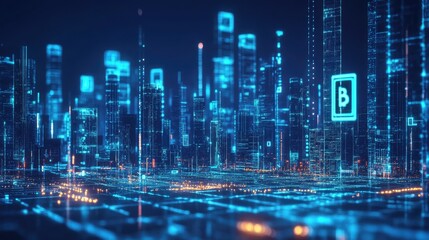 Obraz premium Digital Cityscape with Bitcoin Symbol.