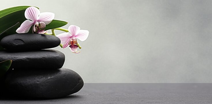 Stack of Black Rocks and Orchid Flower on a Table with Green Plant Over Grey Background for Spa Concept Banner, Space for Text, Massage Salon or Wellness Center Design