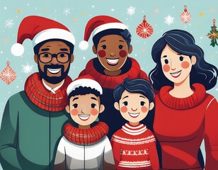 Family Diversity Christmas conceptual Illustration of a diverse family ,interracial families, LGBTQ+ families, and multigenerational families celebrating Christmas or New Year together with copy space