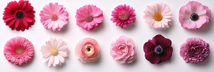 Fototapeta premium A Row of Various Pink and Red Flowers on a White Background