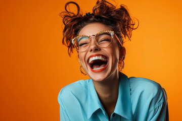A joyful woman is laughing heartily, wearing glasses and a blue shirt, set against a vibrant orange background. Her curly hair adds to her lively expression.