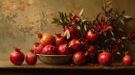 A Bowl of Pomegranates with Berries and Floral Background, Oil on Canvas, Still Life, Fruit, Floral, Still Life Painting