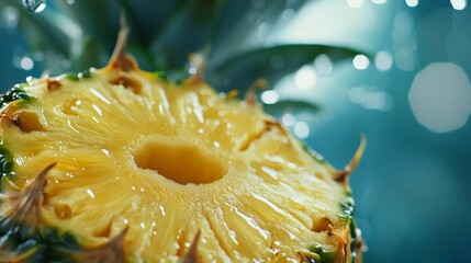 A Close-Up Macro of a Sliced Pineapple with Water Droplets, Closeup, Fresh Fruit, Tropical ,pineapple, fruit, macro