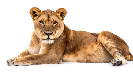 A female lion lying down on a white background, looking at the camera with a calm expression.