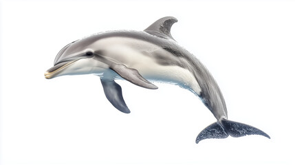 A detailed illustration of a bottlenose dolphin swimming gracefully against a white background, showcasing its sleek, streamlined body and expressive features.