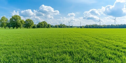 in the springtime, a sunny day in farmland with fields in the foreground and wind turbines in the distance, covered with sporadic clouds