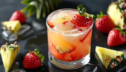 Vibrant pineapple and strawberry cocktail over ice, ideal for summer refreshment