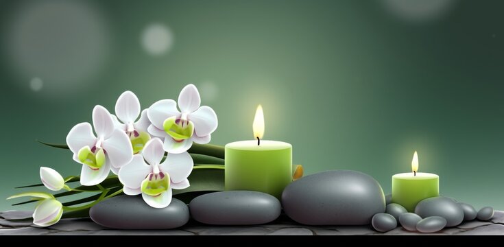 Zen Stones with Orchid and Candle on Spa Table, Gray and Green Background for Massage Salon Design Template, Beauty Treatment Concept