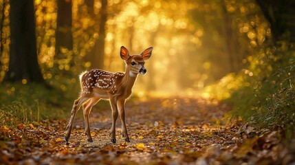   A small deer stands on a leaf-covered path in a wooded area under sunlight filtering through the trees
