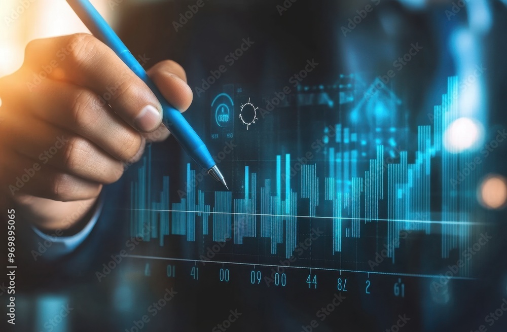 Poster a businessman is drawing an upward graph on a virtual screen, with a business growth concept and per