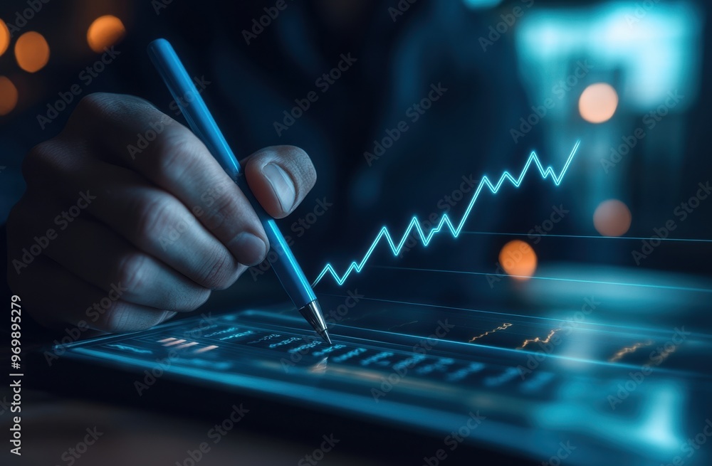 Poster businessman drawing a graph with a blue arrow pointing upward on a virtual screen in the background,