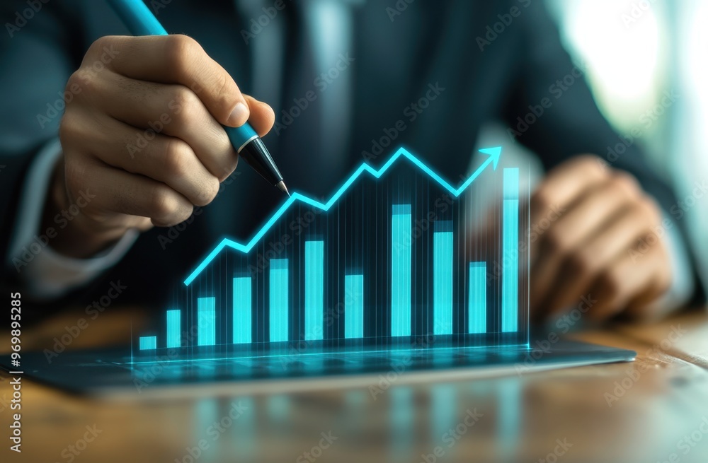 Poster businessman drawing an upward graph on a virtual screen with a blue color bar chart and an arrow poi
