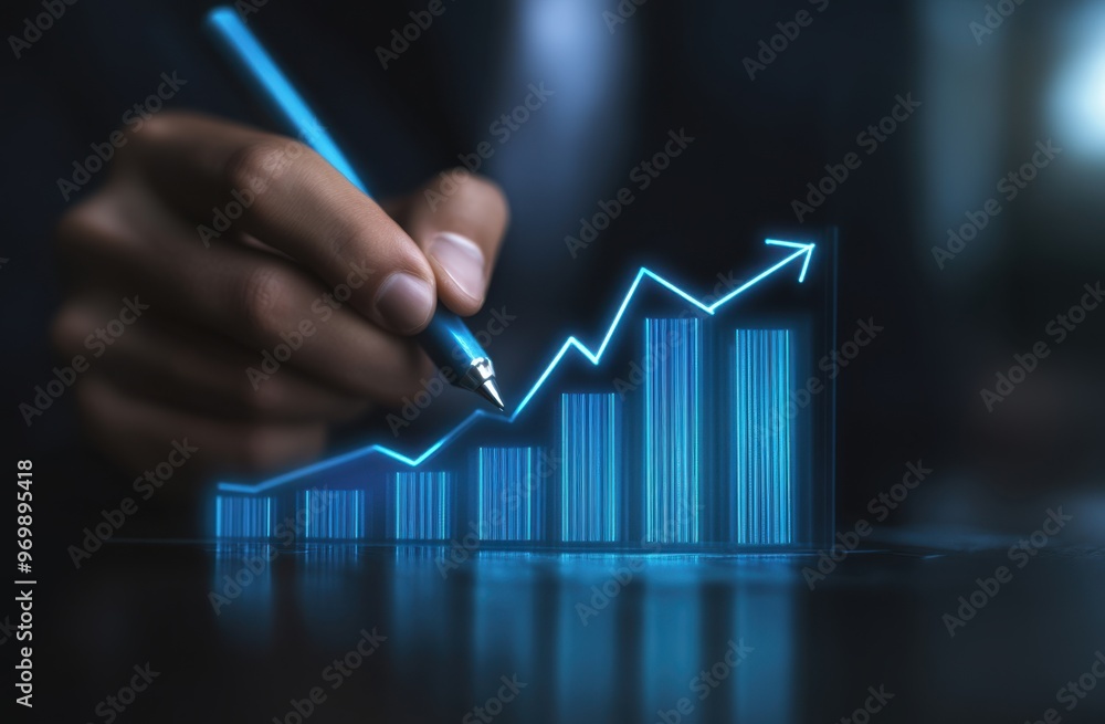 Poster businessman drawing an upward graph on a virtual screen with a blue color bar chart and an arrow poi