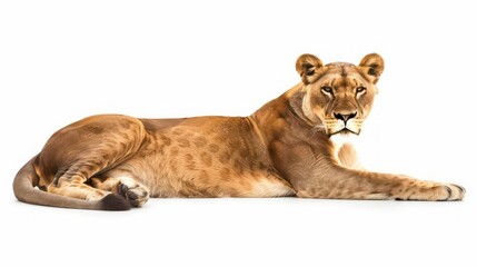 Obraz premium Close-up portrait of a lioness lying down on white background.