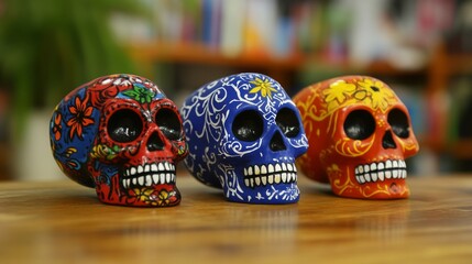 Three Ornate Sugar Skulls on a Wooden Surface