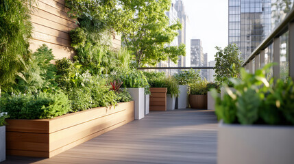 A lush urban rooftop garden with wooden planters and various green plants, offering a serene escape amidst towering city buildings.