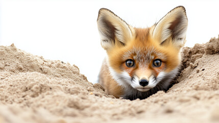 Obraz premium Close-up of a curious young red fox peeking out from behind a sandy mound, displaying its sharp ears and alert eyes.