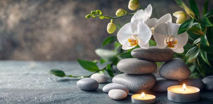 Zen Stones with Orchid and Candle on Spa Table, Gray and Green Background for Massage Salon Design Template, Beauty Treatment Concept