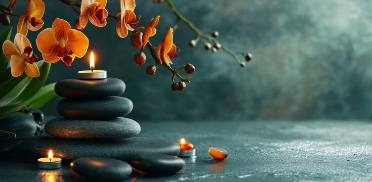 Zen Stones with Orchid and Candle on Spa Table, Gray and Green Background for Massage Salon Design Template, Beauty Treatment Concept