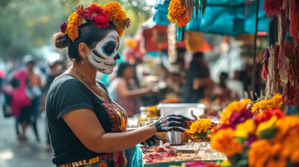 Naklejka premium Woman with Skull Makeup Arranges Flowers at a Market Stall