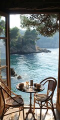 Obraz premium Outdoor seating with a table and chairs by the sea, view from a wooden cabin. Summer vacation and travel concept.
