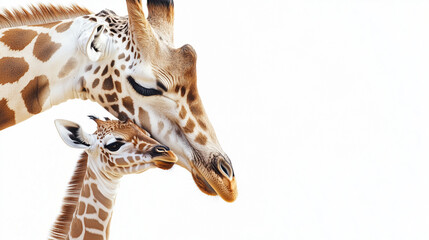 Obraz premium An intimate moment between a mother giraffe and her calf with a clean white background emphasizing their bond and the giraffes' distinct spots.