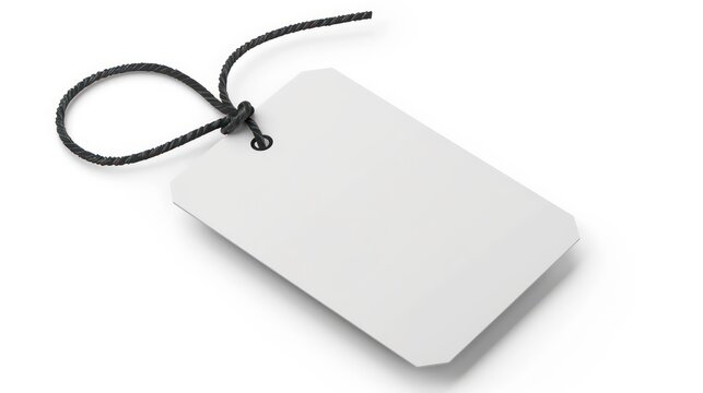 Blank white tag with black string isolated on white background.
