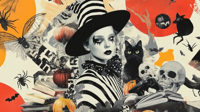 Halloween Collage with Witch, Cat, and Skulls.