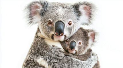 Obraz premium An adorable koala mother with her baby embracing each other, showcasing their grey fur and black noses in a studio setting with a white background.
