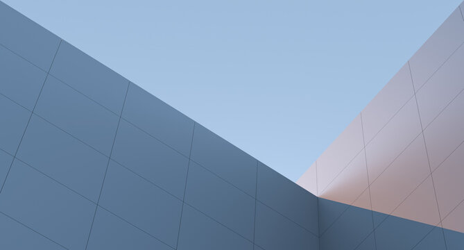 Concrete, block wall with sunset beam and sky. Architectural design, minimalist structure. Modern abstract high building,wallpaper.3D render