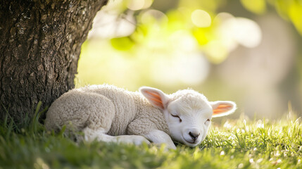 A fluffy white lamb peacefully sleeping under a tree on a sunny day, surrounded by lush green grass and softly lit with natural sunlight.