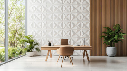 Modern, minimalistic office with geometric wall design, wooden desk, chair, and indoor plants. Large windows bring in natural light and offer views of greenery outside.
