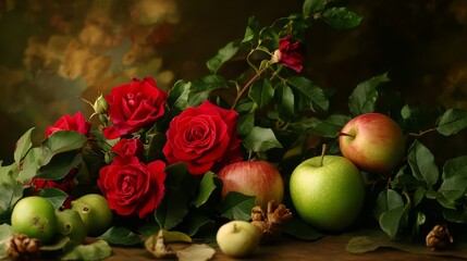 A Still Life of Red Roses and Green Apples, Composition of Lush Greenery and Warm Tones, Rustic Wooden Table, Romantic Floral Arrangement, Fruit ,Still Life , Photography