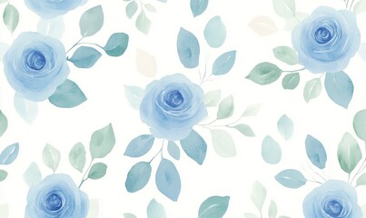Soft Blue Roses With Green Leaves Create a Delicate Floral Pattern on a Light Background