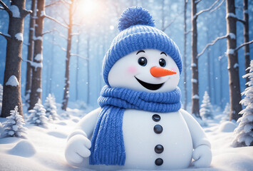 Obraz premium Smiling snowman wearing a blue knitted hat and scarf in a winter forest