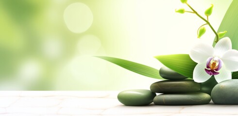 Zen Stones with Orchid and Green Leaves on Spa Table, Banner Background for Wellness Concept, Relaxation Therapy, and Body Care with Copy Space