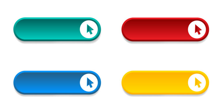 Click here arrow button click icon. Click here vector web button. Web button with arrow pointer action. Click here ui button concept. Vector illustration