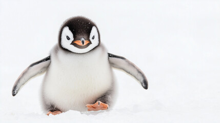 Obraz premium A cute penguin chick standing on the snowy ground with its wings slightly outstretched. The fluffy feathers and the serene snowy background create an adorable scene.