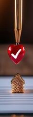 Obraz premium Detailed shot of a clipboard, checklist with a red checkmark, pen, and a small house model representing home inspection