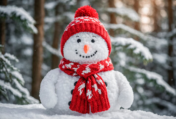 Smiling snowman wearing a red knitted hat and scarf in a winter snowy forest