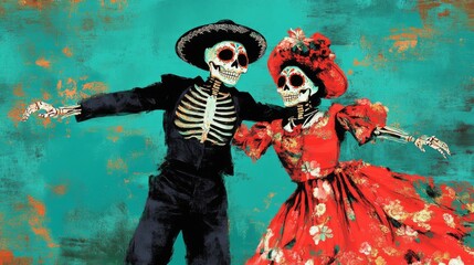 Fototapeta premium Skeletons in Traditional Mexican Attire Dancing Against a Turquoise Background