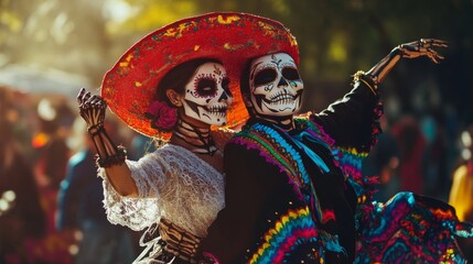 Fototapeta premium Couple in Day of the Dead Makeup Dancing