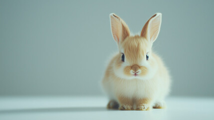 Obraz premium Adorable young rabbit with soft fur sitting on a light colored surface against a pale background, looking directly at the camera.