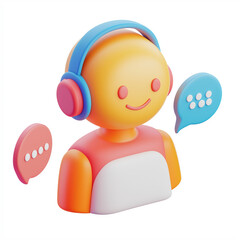 Colored 3D icon of a customer service person with headphones and chat bubbles, on a white background, with a minimalistic style