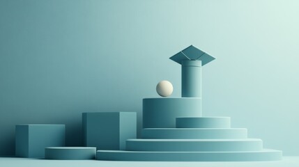 Abstract Minimalist Blue Cylinder and Sphere, 3D Render, Geometric Shapes, Product Display, Minimal, Blue, Cylinder